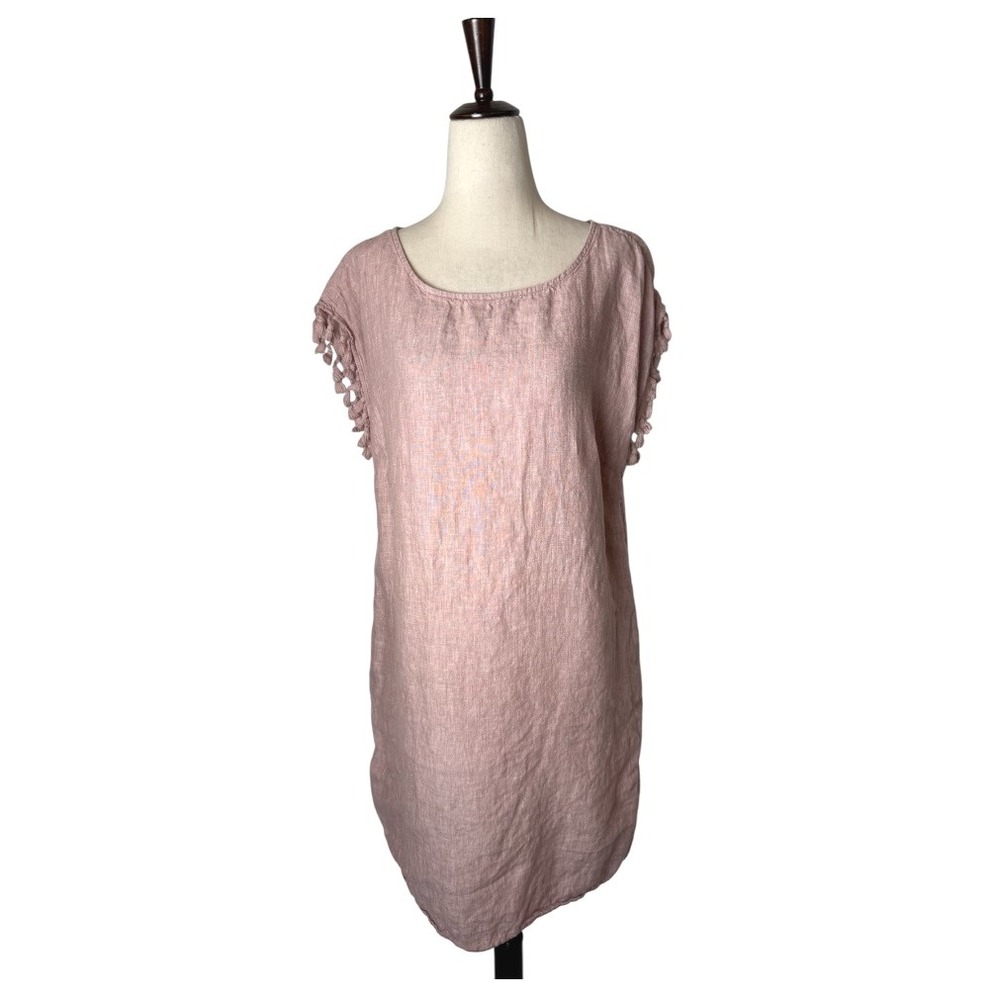 Antibes Blanc Dress Women Small Pink Linen Tassel Sleeve Shift Mini Lagenlook